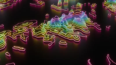 A terain heightmap, rendered as horizontral slices of frosted glass, with the edges lit up in various colors