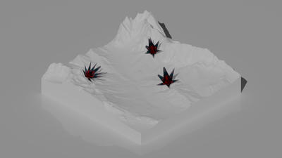 A mountenous terain, rendered in pure white, with a few large black crystals scattered around, the crystals have a red glow comming from inside