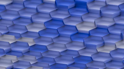 A set of hexagonal glass pilars packed together in a grid, the pilars are each of slightly different height and glow in various shades of blue